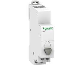 Schneider Electric Acti9 iPB trykkontakt med 1NC, 20A, set fra siden med fokus på den grå betjeningsknap og modulopbygning.