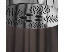 Nærbillede af AXOR hovedbruserens stråledyser, der viser de to stråletyper: PowderRain og Rain, samt kromfinishen.