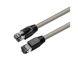Gråt CAT8.1 S/FTP-netværkskabel fra MicroConnect på 3 meter med to stik, vist i skrå vinkel.