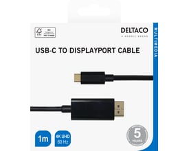 Deltaco USB-C til DisplayPort-kabel, 1 meter og sort, vist på emballagen med stik og 4K UHD ved 60 Hz.