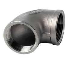 Rustfri stålvinkel 90 grader med 3/4" gevind i AISI 316, egnet til drikkevandsinstallationer.