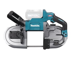 Makita 40V XGT akku båndsav PB002GZ med 40V batteri monteret, viser siden af værktøjet.