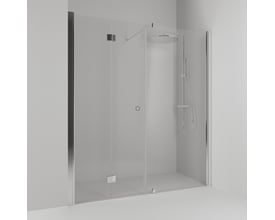 Svedbergs Skoga bruseniche med foldedør og fast glasvæg, set forfra med blanke aluminiumsprofiler, 138x198 cm.