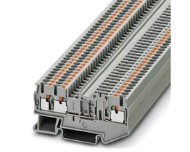 Detaljeret billede af Phoenix Contact Pt 2,5-Twin-Tg skilleklemme, der viser push-in tilslutning og ledningsføring.