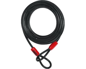 ABUS Wire Cobra stålwire i sort med en diameter på 10 mm og en længde på 10 meter, præsenteret oprullet med røde endestykker.