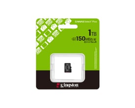 Kingston Canvas Select Plus microSDXC-hukommelseskort på 1 TB i grøn og sort emballage med kortet synligt.