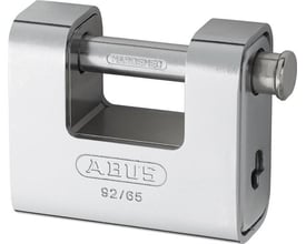 Abus hængelås 92 i sølvfarvet udførelse med rektangulær krop og vandret låsebøjle, 85 mm bred og 60 mm høj.