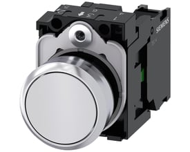 Siemens 22mm rund trykknap i metal med højglans finish og hvid knap, med 1 slutte (NO) og skrueterminaler.