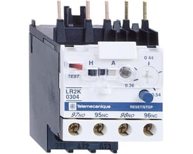 Schneider Electric TeSys K termorelæ LR2K0304, med justeringsskive fra 0,36 til 0,54A og Test/Stop knap.
