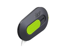 SLICE® minikniv 10514 med mørkegråt håndtag og limegrøn grebspude, viser et hvidt keramisk blad med afrundet spids.