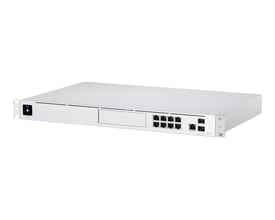Ubiquiti UniFi Dream Machine Pro, en 1U rackmonterbar sikkerhedsgateway i sølv med frontpanel og bagudvendte porte.