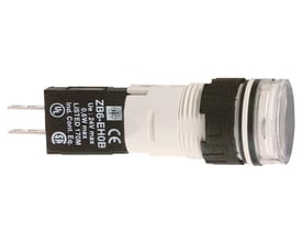 Detalje af Schneider Electric XB6-EH0B hvid signallampe Ø16 mm, tydeligt mærket med typebetegnelse og godkendelser.
