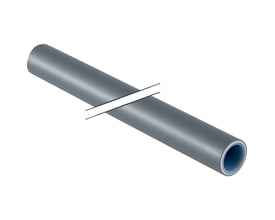 Geberit FlowFit PE-RT-alu-PE-RT-rør, 20x2mm, i sølvgrå farve, vist i en isometrisk vinkel på hvid baggrund.