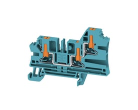 Detaljeret vinkel af Weidmüller AL3C 4 BL blå gennemgangsklemme, fremhæver push-in tilslutning og 4mm² kapacitet.