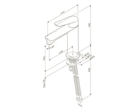 Teknisk tegning af AM.PM Hit et-grebs håndvaskarmatur i hvid, viser dimensioner i mm og 3/8" tilslutning.