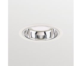 Philips LuxSpace Downlight Mini DN560B indbygningsspot i hvid aluminium med blank reflektor, monteret i et hvidt loft.