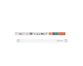 Hvid LEDVANCE T8 Value LED-rør på 438 mm med G13-ben, vist sammen med emballagen.