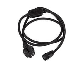 Sort 1,5 meter Ranceo 230V kabel til LED-strip med rundt stik og europæisk strømstik, vist på hvid baggrund.