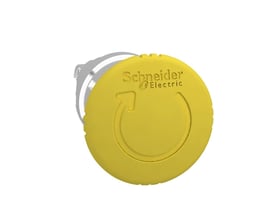 Schneider Electric paddetrykhoved ZB4 i gul med tryk-drej funktion og krombelagt frontring på 40mm diameter.