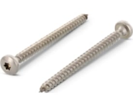 To rustfri A4 spånpladeskruer med pan hoved og Torx TX spor, 4,0x35 mm, med Gleitmo 615 overflade.