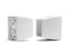 To hvide HeFe bendy forhængsstang endestykker, der viser det indre montagehul og den ydre glatte overflade.