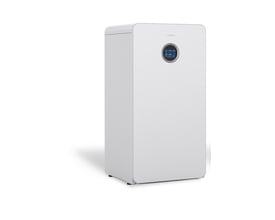 Bosch Compress 7800i LWF 2-6 jordvarmepumpe i hvidt kabinet med rundt display, set forfra og fra siden.