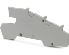 Grå endeplade D-PTI/3 fra Phoenix Contact med dimensionerne 101 x 2,2 x 48,2 mm, vist isoleret på hvid baggrund.