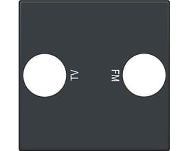 Niko afdækning til antenneudtag i antracit med tydelige TV og FM symboler samt hvide cirkler til tilslutning.