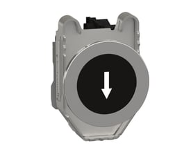 Schneider Electric trykknap komplet med sort, plan overflade og hvid pil nedad symbol, monteret på grå bagstykke med 1xNO kontaktelement.