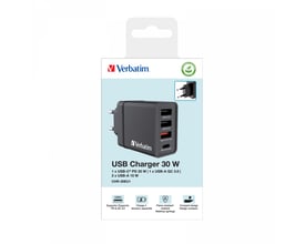 Verbatim CHR-30EU1 USB oplader 30W i sort, vist i original emballage med tydelig mærkning af porte og funktioner.