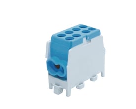 HLAK klemme fra Pollmann i blå og hvid, med 2 skruer pr. indgang til 35mm2 og 25mm2 ledere.