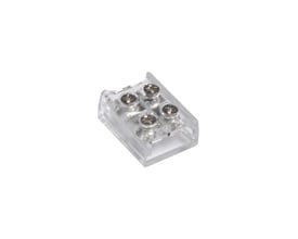 Transparent skruesamler til 8mm enkeltfarvede LED strips med fire skruer til sikker tilslutning, IP20 klassificering.