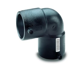 Sort el vinkel til rør, 200mm x 90 grader, EU SDR11 standard, 16 bar trykklasse med tydelige mærkater.