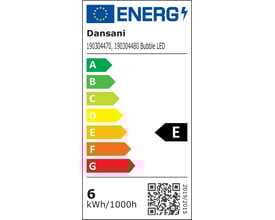 Energimærkat for Dansani Bubble LED pendel med energiklasse E og 6 kWh/1000h. Viser EU-logo og QR-kode.