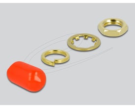DeLock LMR100-antennekabel med RP-SMA-stik og jack; motivet viser en orange prop og guldfarvede ringe.