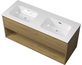 Sanibell Proline møbelsæt 121x46cm i ideal eg-look med to hvide porcelænsvaske, én skuffe og én åben hylde.