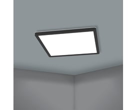 EGLO Rovito-Z loftpanel monteret på et gråmalet loft i et hjørne af et rum.