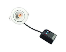Scan Products Claudia Looping LED-indbygningsspot i mat hvid, set forfra med kabel og tilslutningsboks.