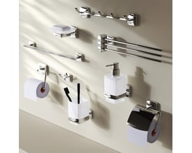 Oversigt over badeværelsesudstyr fra AM.PM med toiletpapirholder med låg, sæbeholder og tandkrus.