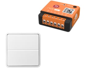 Lauritz Knudsen trådløs EnOcean pakkeløsning med hvidt Fuga batteriløst tryk og orange relæmodul til 230V.