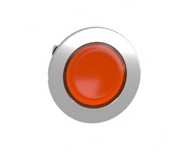 Detaljebillede af Schneider Electric flush trykknaphoved i skinnende orange farve, designet til LED belysning og flush montage.