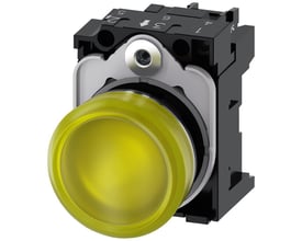 Siemens SIRIUS ACT indikatorlampe med rund gul linse og metalramme, vist skråt forfra med holder.