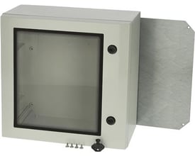 Fibox Arca vægskab med rude, 300x300x210 mm, fremstillet af polycarbonat med grå låg og synlig monteringsplade.