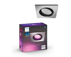 Pakke med Philips Hue Centura indbygningsspot med lysende pink farve, og et spot monteret ovenpå. Aluminium finish.