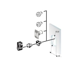 Eksploderet visning af Schneider Electric låseindsats med 7mm firkant, der viser monteringsprocessen og dens dimensioner.