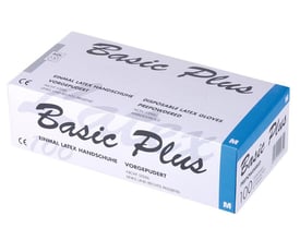 Æske med 100 stk. Basic Plus latex engangshandsker str. 9.5, pudrede og med rullet kant.