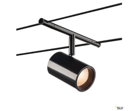 SLV TENSEO NOBLO wirelampe i sort, vist på et TENSEO 12V wiresystem med hvid baggrund og SLV logo.