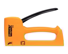 Nærbillede af orange Rapid hæftepistol R13 med detaljeret visning af klammetype og størrelse 4-10 mm.