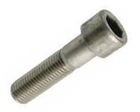 Cylinderhoved bolt M20x50 i A2 rustfrit stål med indvendig 6-kant (insex) drev på hvid baggrund.