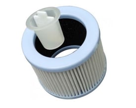 HEPA-filter til Air&Me Buldair luftrenser, vist med fokus på det hvide filtermateriale og den lyseblå plastikramme.